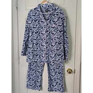Laura Ashley Pajama L/S Top Pant Set LARGE Navy Blue Damask Pink Satin Trim Soft